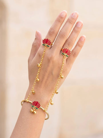 KARATCART Gold Tone Red Lotus Design Chain Hathphool Bracelet with Dangling Bell for Women
