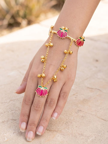 KARATCART Designer Gold Tone Red Lotus Chain Hathphool Bracelet with Bell Charms for Women