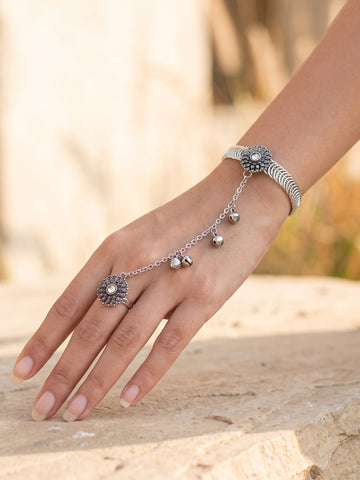 KARATCART Oxidised Silver Floral Chain Hathphool Bracelet with Bell Charms for Women