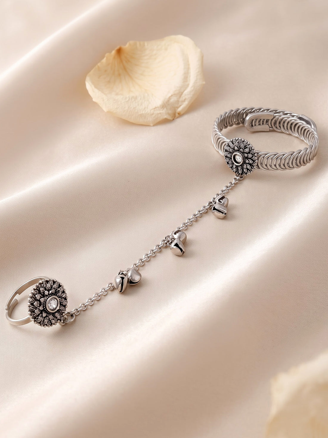 KARATCART Oxidised Silver Floral Chain Hathphool Bracelet with Bell Charms for Women
