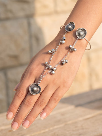KARATCART Oxidised Silver Floral Pearl Hathphool Bracelet with Bell Charms for Women
