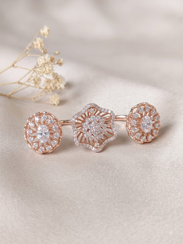 KARATCART Rose Gold Plated Triple Floral American Diamond Adjustable Cocktail Ring for Women