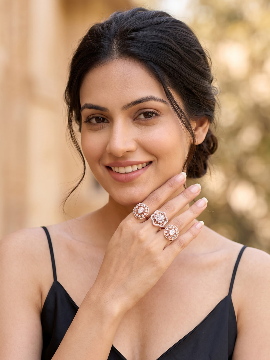 KARATCART Rose Gold Plated Triple Floral American Diamond Adjustable Cocktail Ring for Women