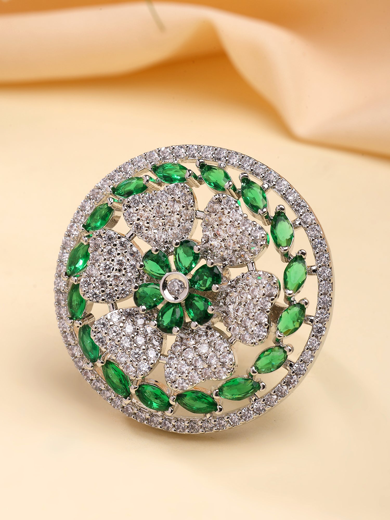 KARATCART Silver Plated green american diamond cocktail ring for women