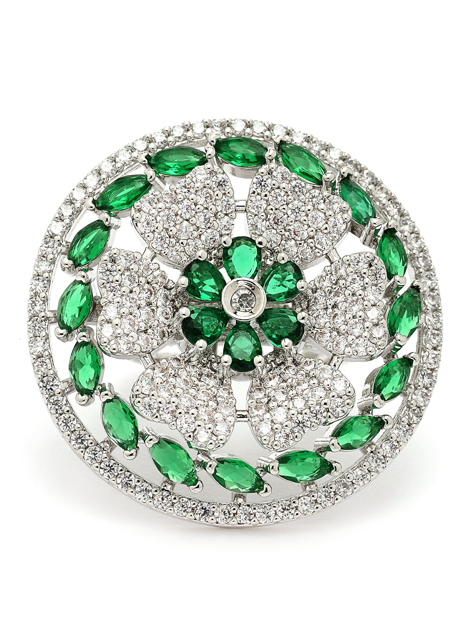 KARATCART Silver Plated green american diamond cocktail ring for women