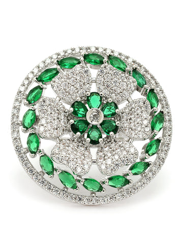 KARATCART Silver Plated green american diamond cocktail ring for women
