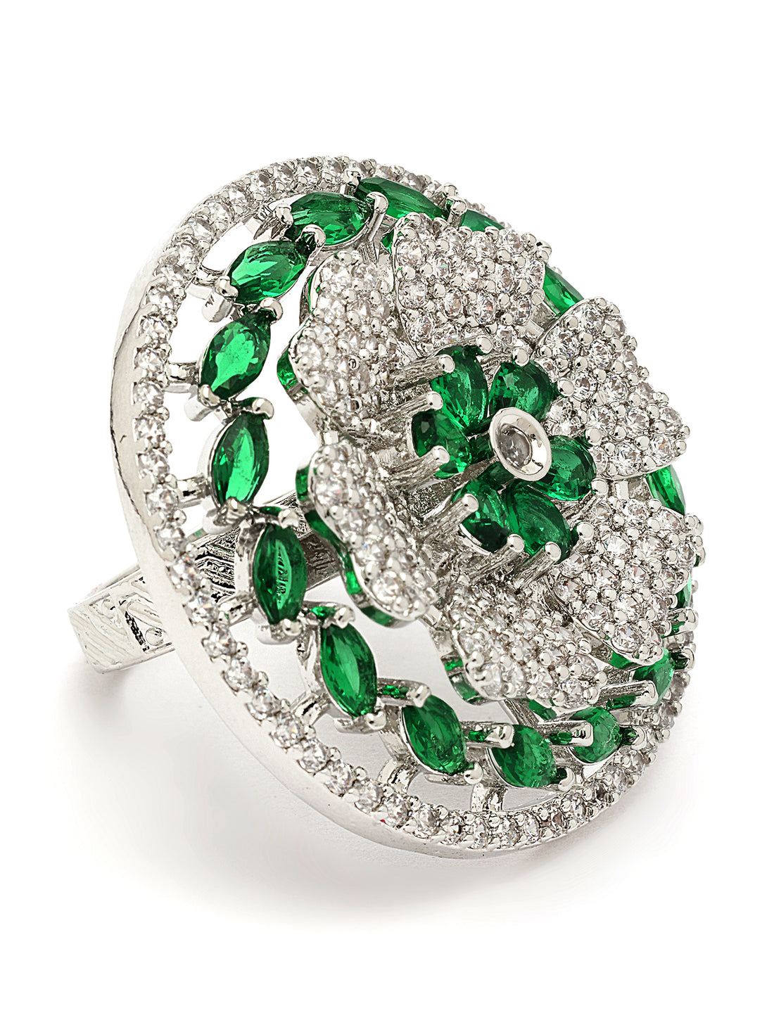 KARATCART Silver Plated green american diamond cocktail ring for women