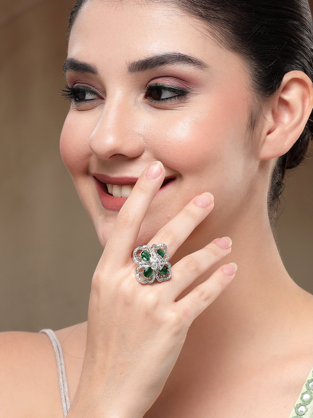 KARATCART Silver Plated green american diamond cocktail ring for women