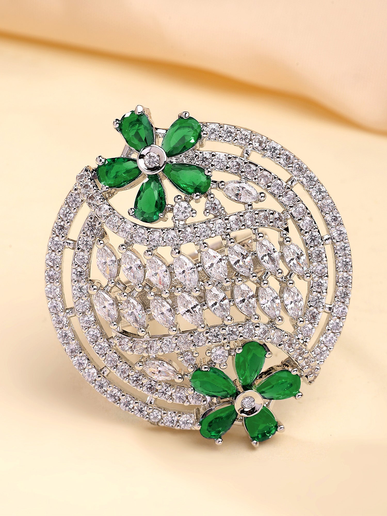 KARATCART Silver Plated green american diamond cocktail ring for women