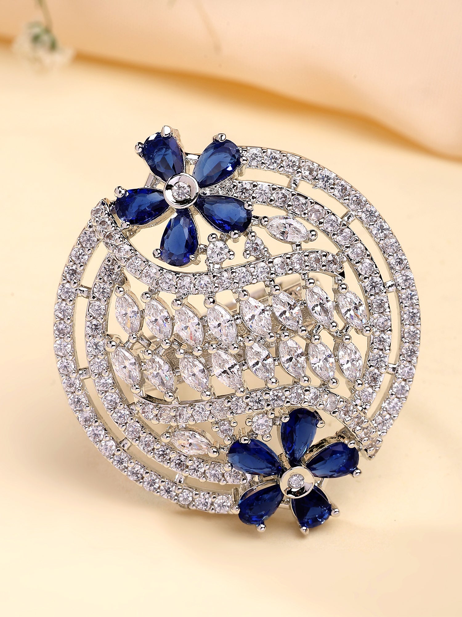 KARATCART Silver Plated blue american diamond cocktail ring for women