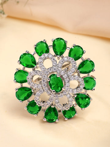 KARATCART Silver Plated green american diamond cocktail ring for women