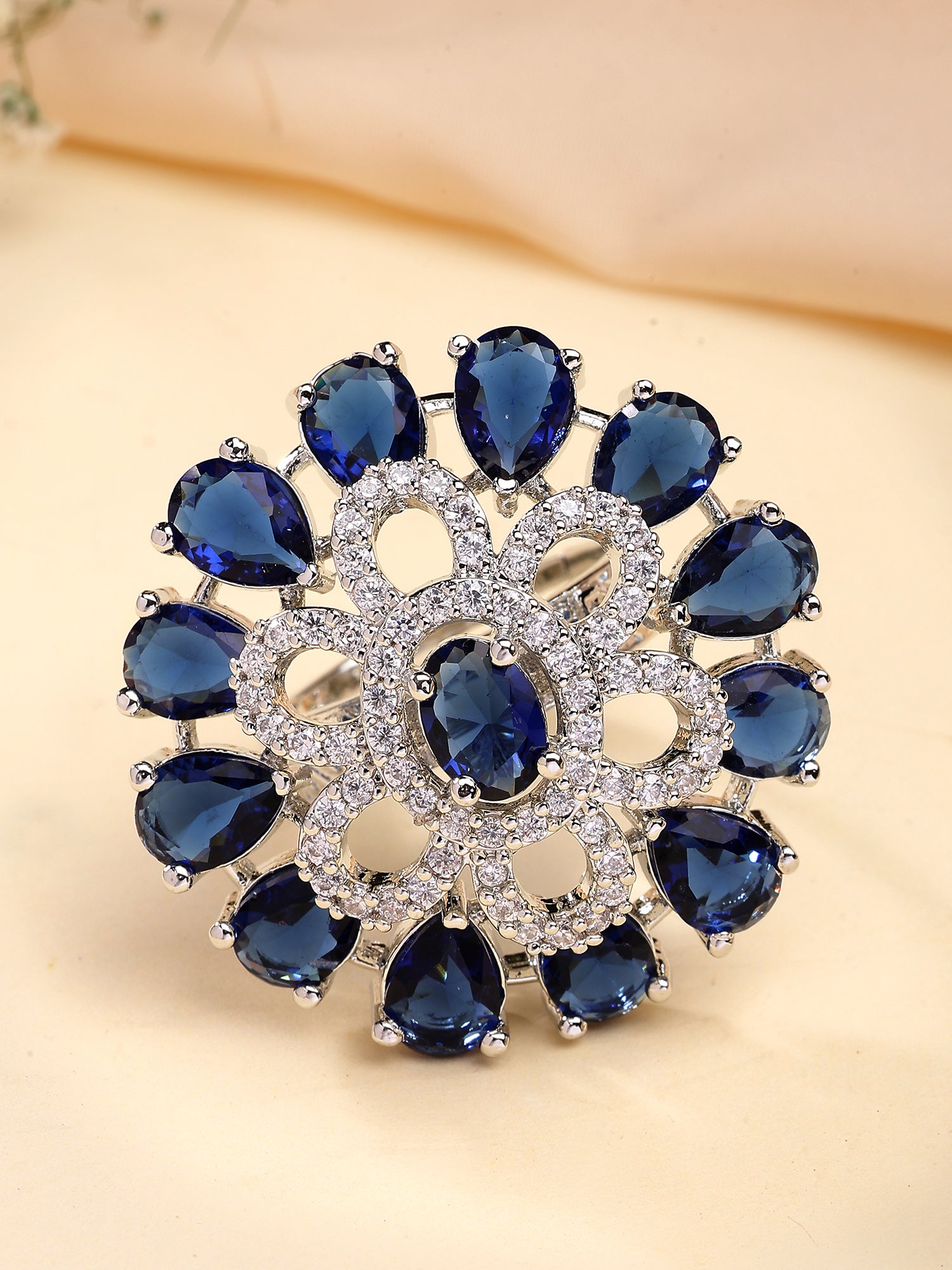 KARATCART Silver Plated blue amarican diamond coctail ring for women