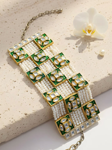 KARATCART Traditional Gold-Plated Green Polki Kundan and Pearl Handcrafted Bracelet for Women