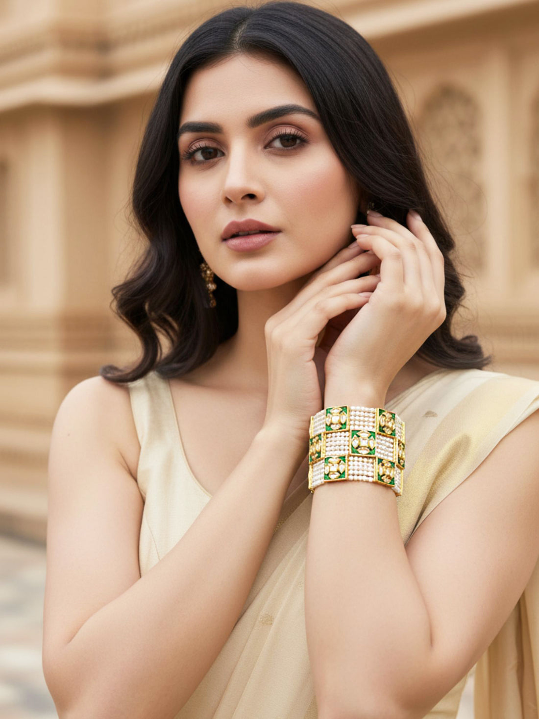 KARATCART Traditional Gold-Plated Green Polki Kundan and Pearl Handcrafted Bracelet for Women