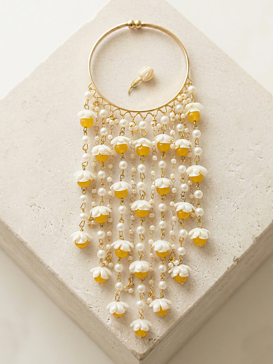 KARATCART Designer Gold-Plated Floral Pearl & Yellow Bead Multi-Layer Kaleera Bangle for Women