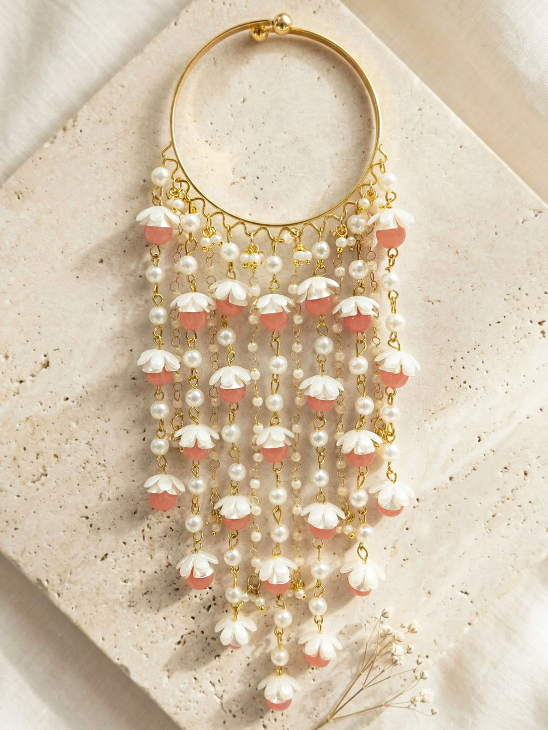 KARATCART Designer Gold-Plated Floral Pearl & Pink Bead Multi-Layer Kaleera Bangle for Women