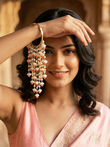 KARATCART Designer Gold-Plated Floral Pearl & Pink Bead Multi-Layer Kaleera Bangle for Women