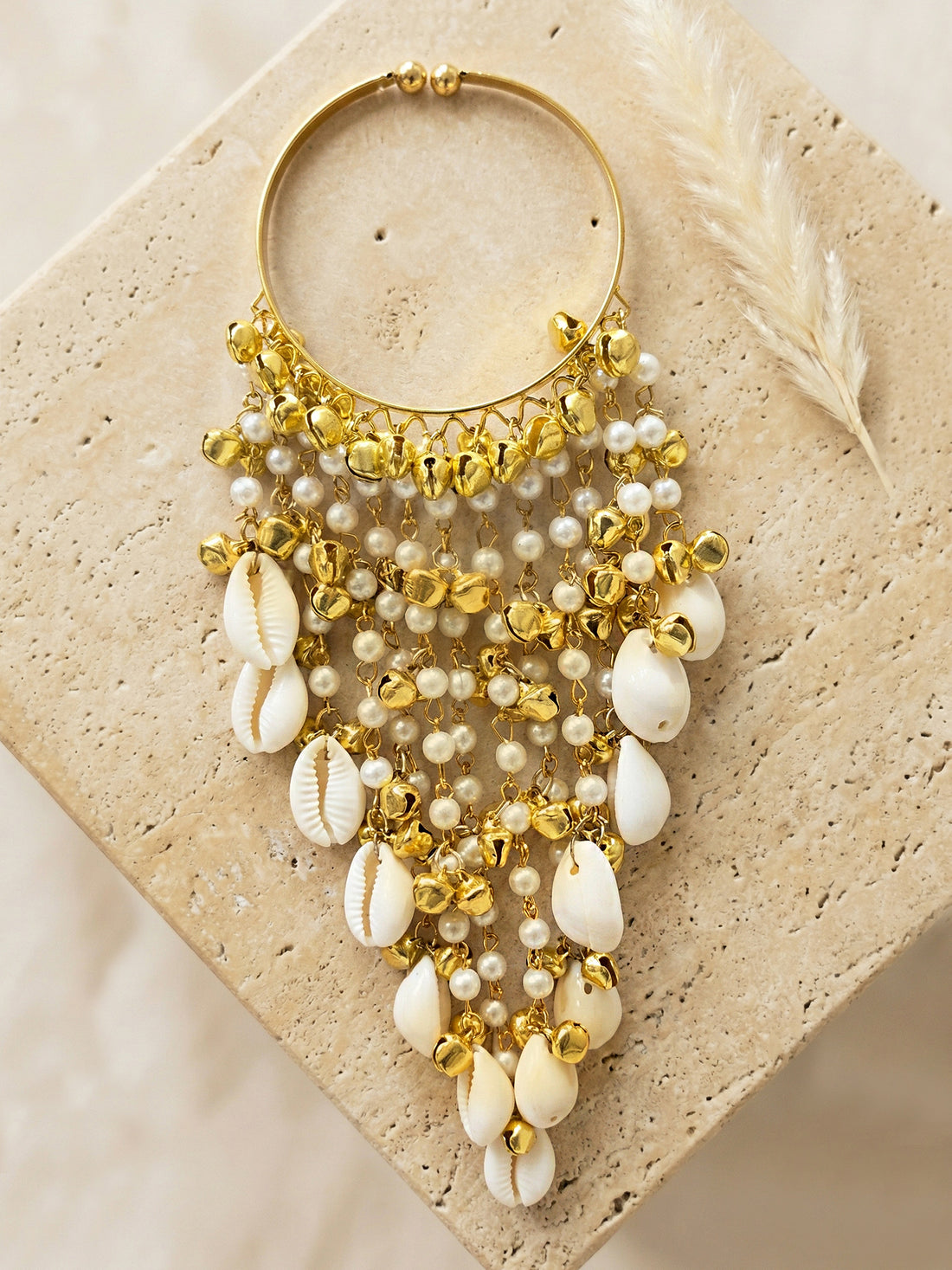 KARATCART Designer Gold-Plated Pearl & Cowrie Shell Multi-Layer Ghungroo Kaleera Bangle for Women