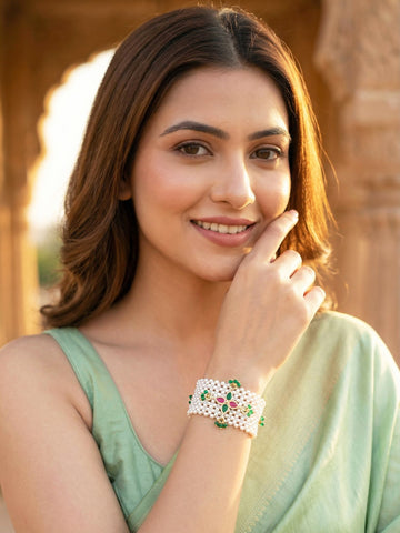 KARATCART Designer White Pearl Multi Strand Jali with Red & Green Kundan Floral Bracelet for Women
