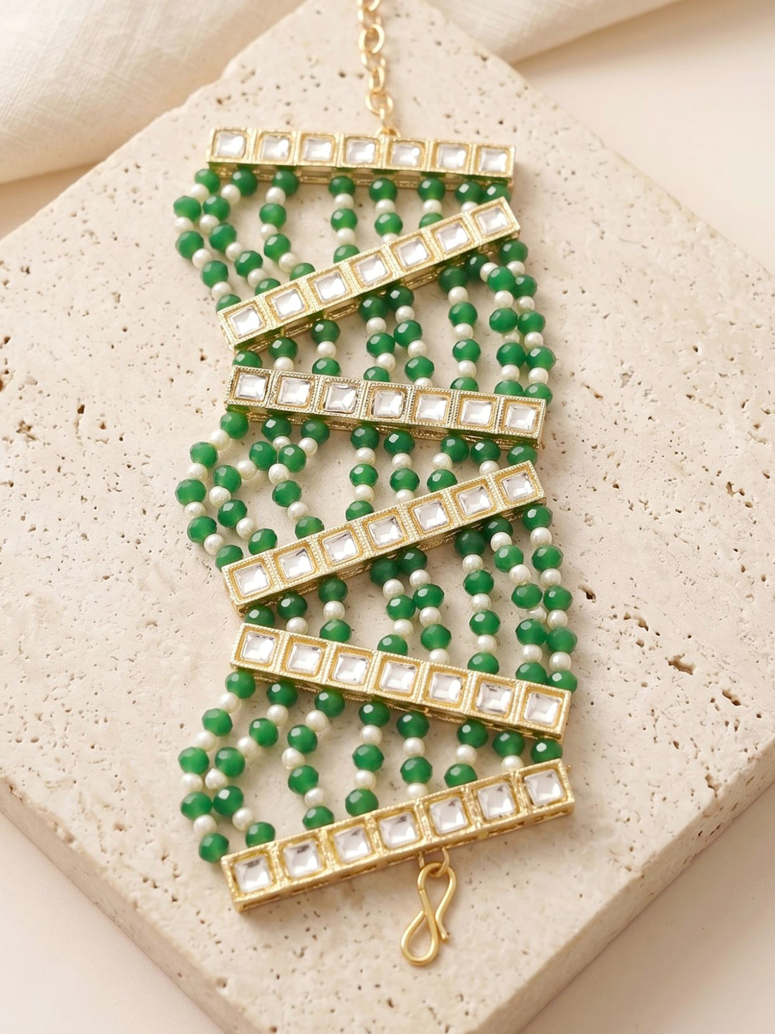KARATCART Traditional Gold-Plated Green Bead & Pearl Multi-Strand Bracelet for Women
