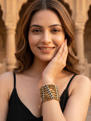 KARATCART Traditional Gold-Plated Black Stone Beaded Multi-Strand Bracelet for Women