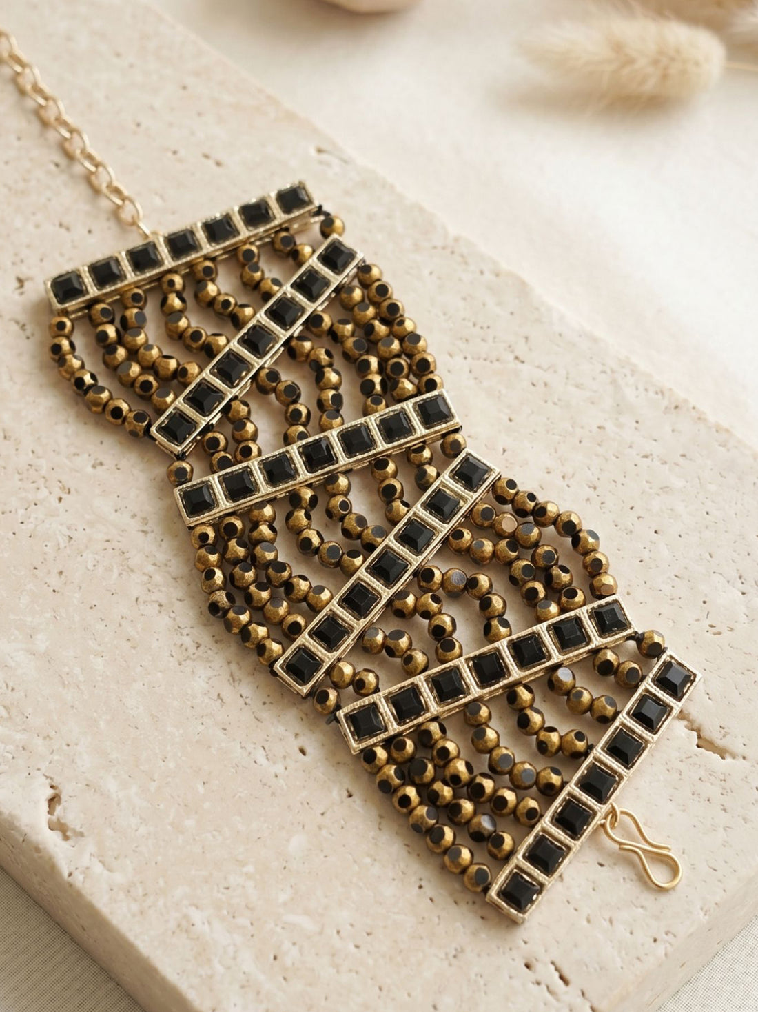 KARATCART Traditional Gold-Plated Black Stone Beaded Multi-Strand Bracelet for Women