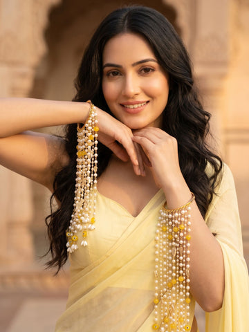 KARATCART Traditional Gold-Plated Yellow Bead & Pearl Bridal Kaleera Bangle for Women