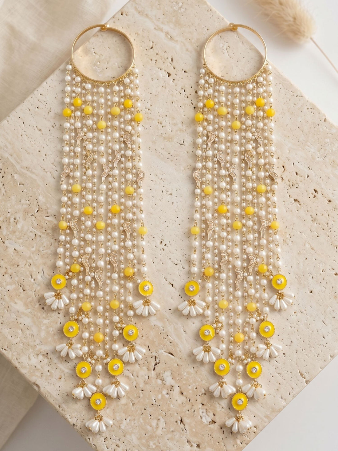 KARATCART Traditional Gold-Plated Yellow Bead & Pearl Bridal Kaleera Bangle for Women