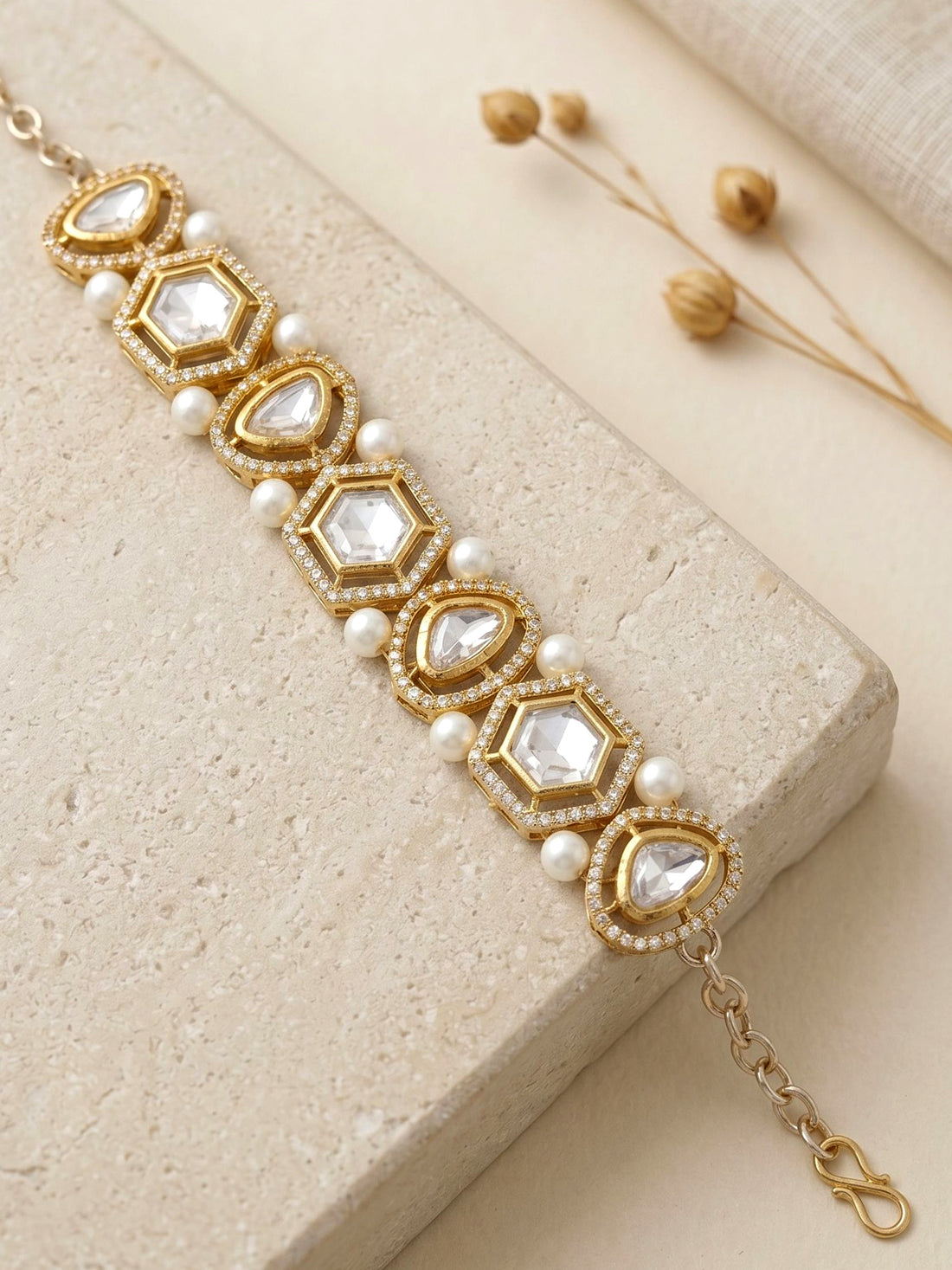 KARATCART Traditional Gold-Plated Hexagon Polki Kundan & Pearl Bracelet for Women