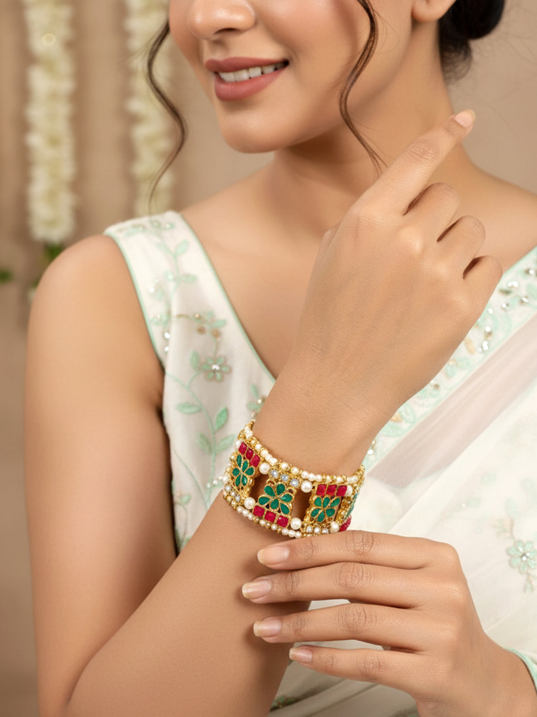 Ruby and Green Kundan Studded Handcrafted Bracelet