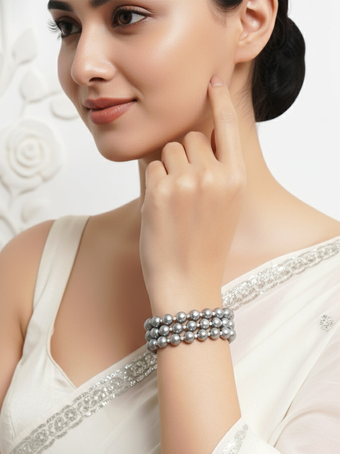 Women Silver-Plated Kundan Multistrand Bracelet