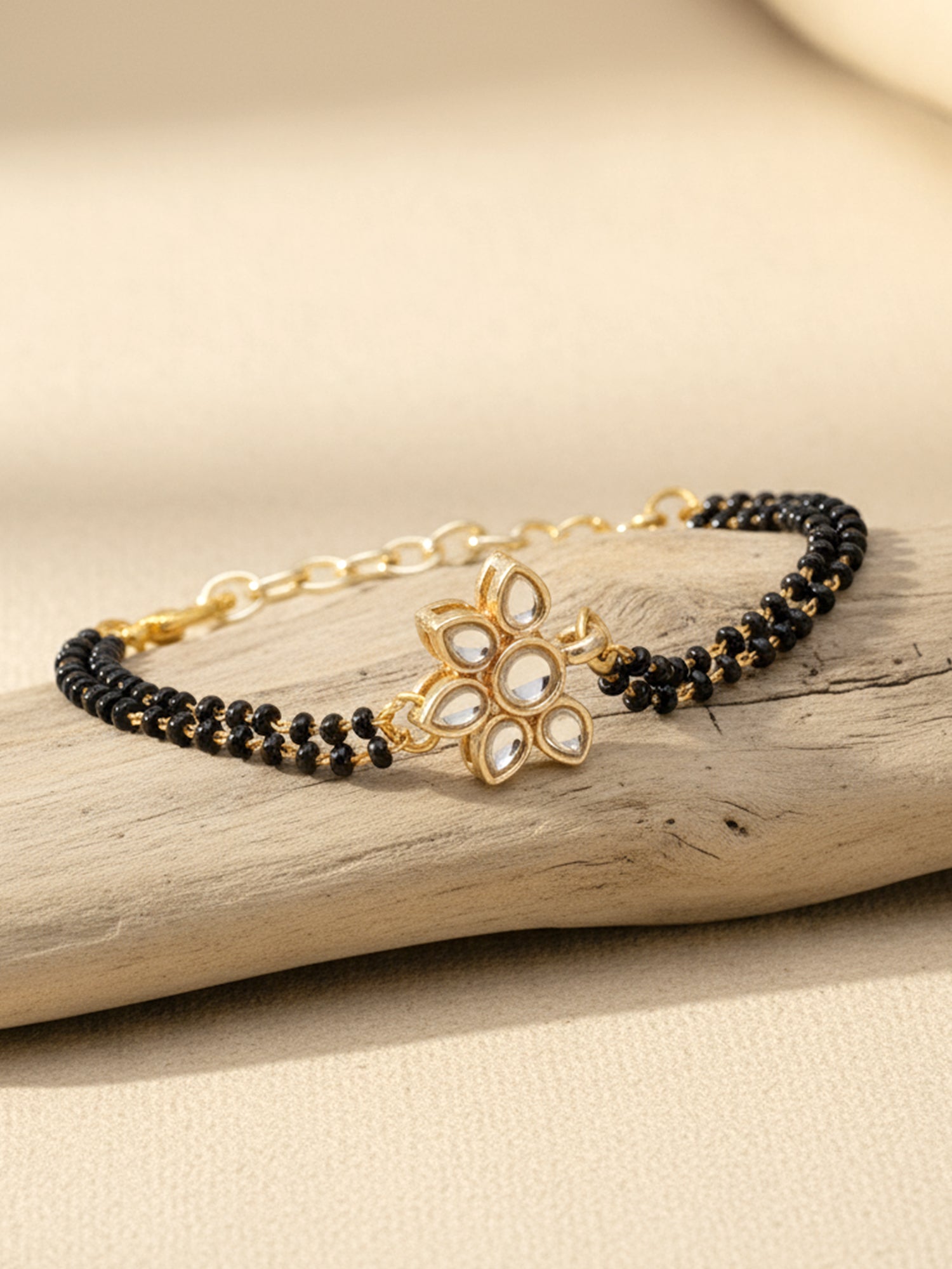 Women Gold-Toned & Black Kundan Handcrafted Gold-Plated Charm Mangalsutra Bracelet