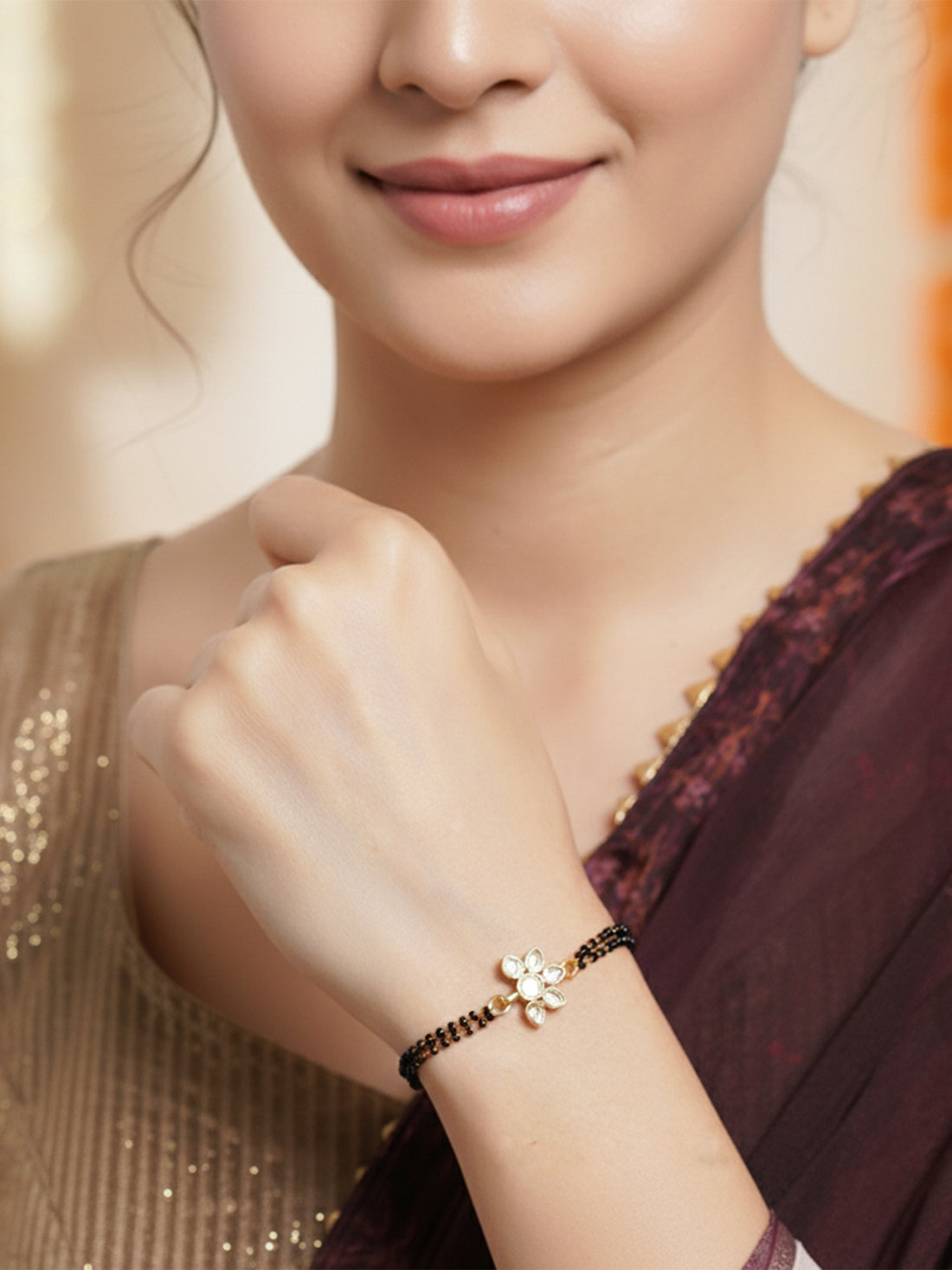 Women Gold-Toned & Black Kundan Handcrafted Gold-Plated Charm Mangalsutra Bracelet