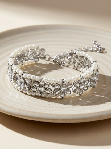 Women Silver-Toned & White Kundan Silver-Plated Wraparound Bracelet