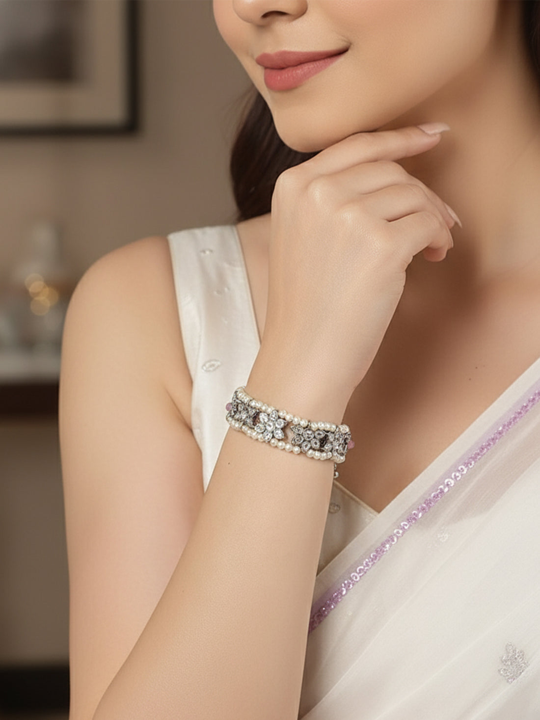 Women Silver-Toned & White Kundan Silver-Plated Wraparound Bracelet