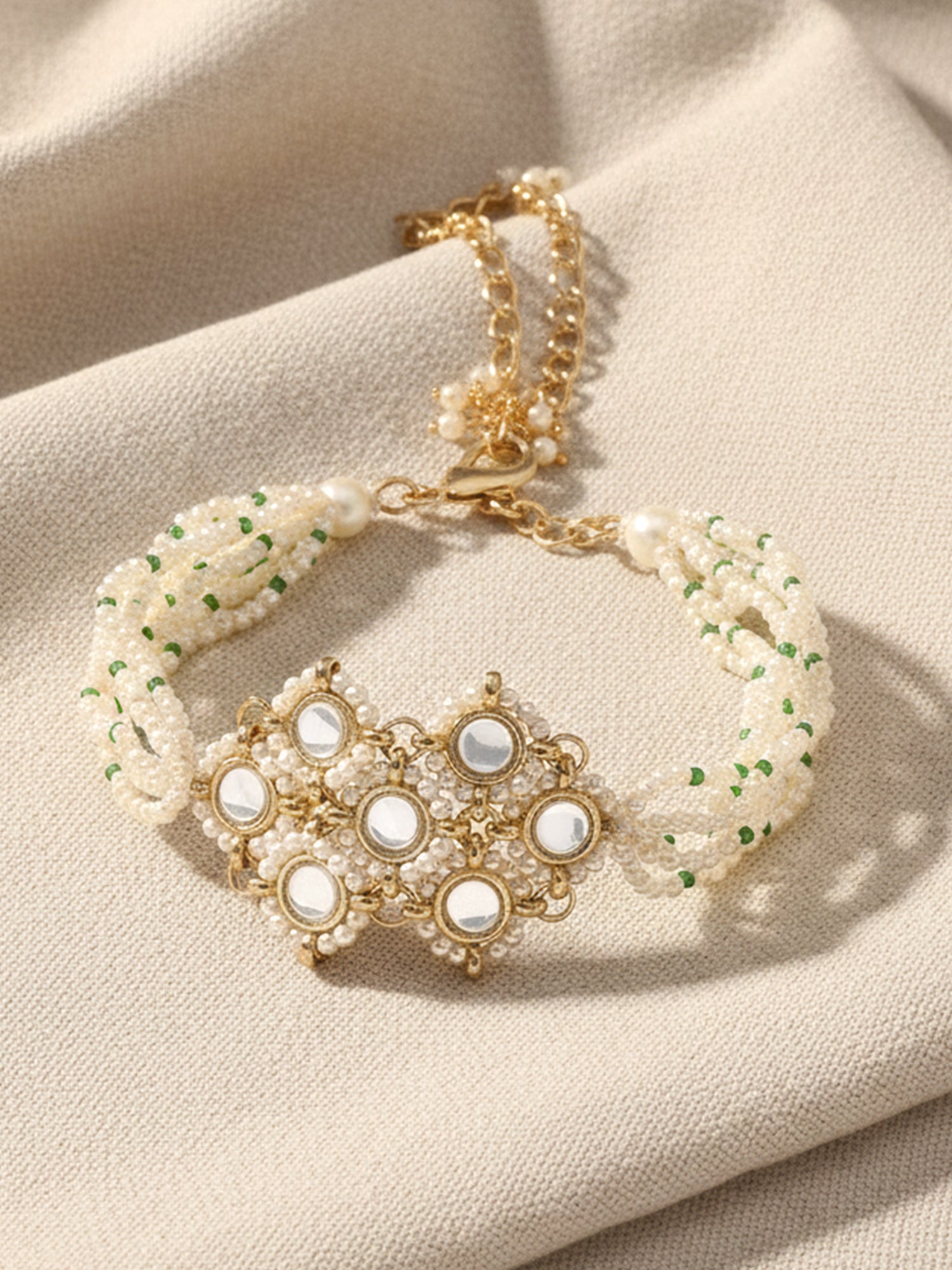 KARATCART Gold Plated Pearl Beaded Kundan Bracelet for Women