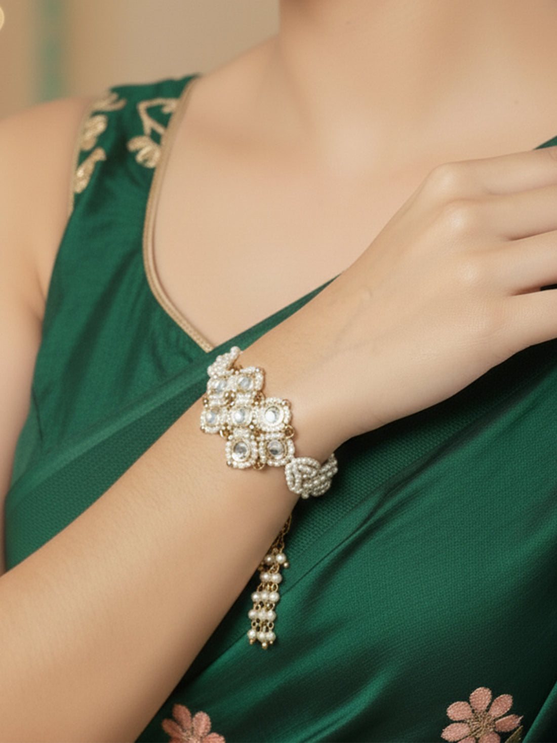 KARATCART Gold Plated Pearl Beaded Kundan Bracelet for Women