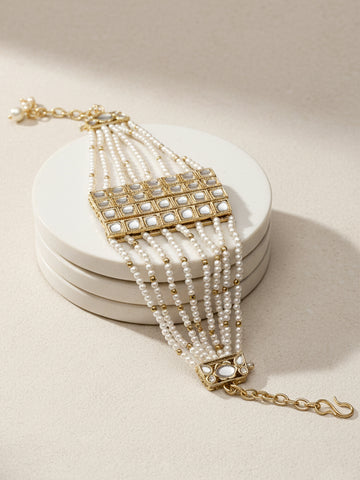 Karatcart Gold Plated Pearl Beaded Square Kundan Bracelet for Women