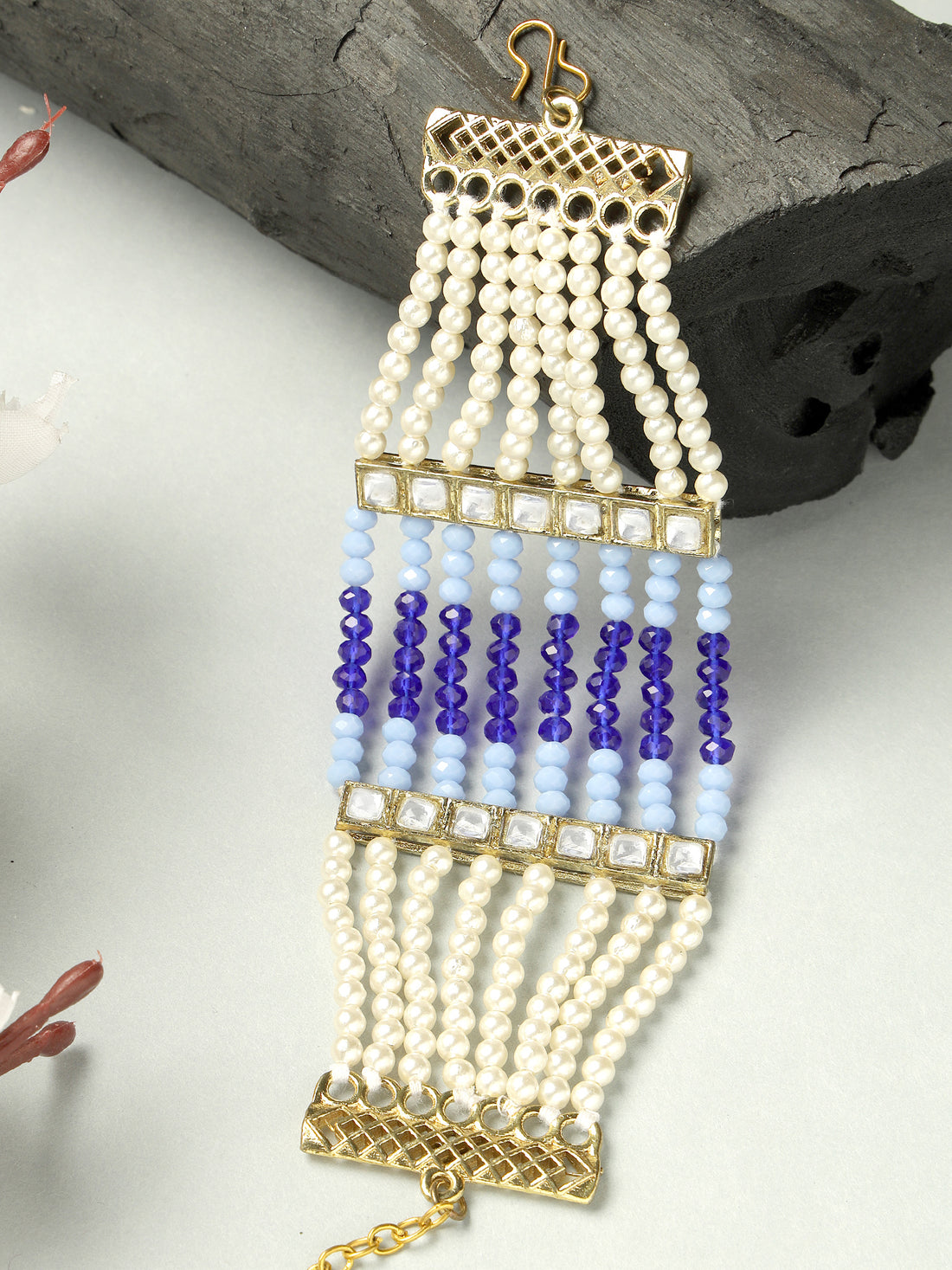 Karatcart Gold Plated Blue Crystals and Pearl Studded Kundan Bracelet for Women