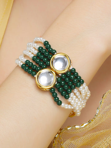 Karatcart Green Beads Golden Round Polki Kundan Studded Bracelet for Women