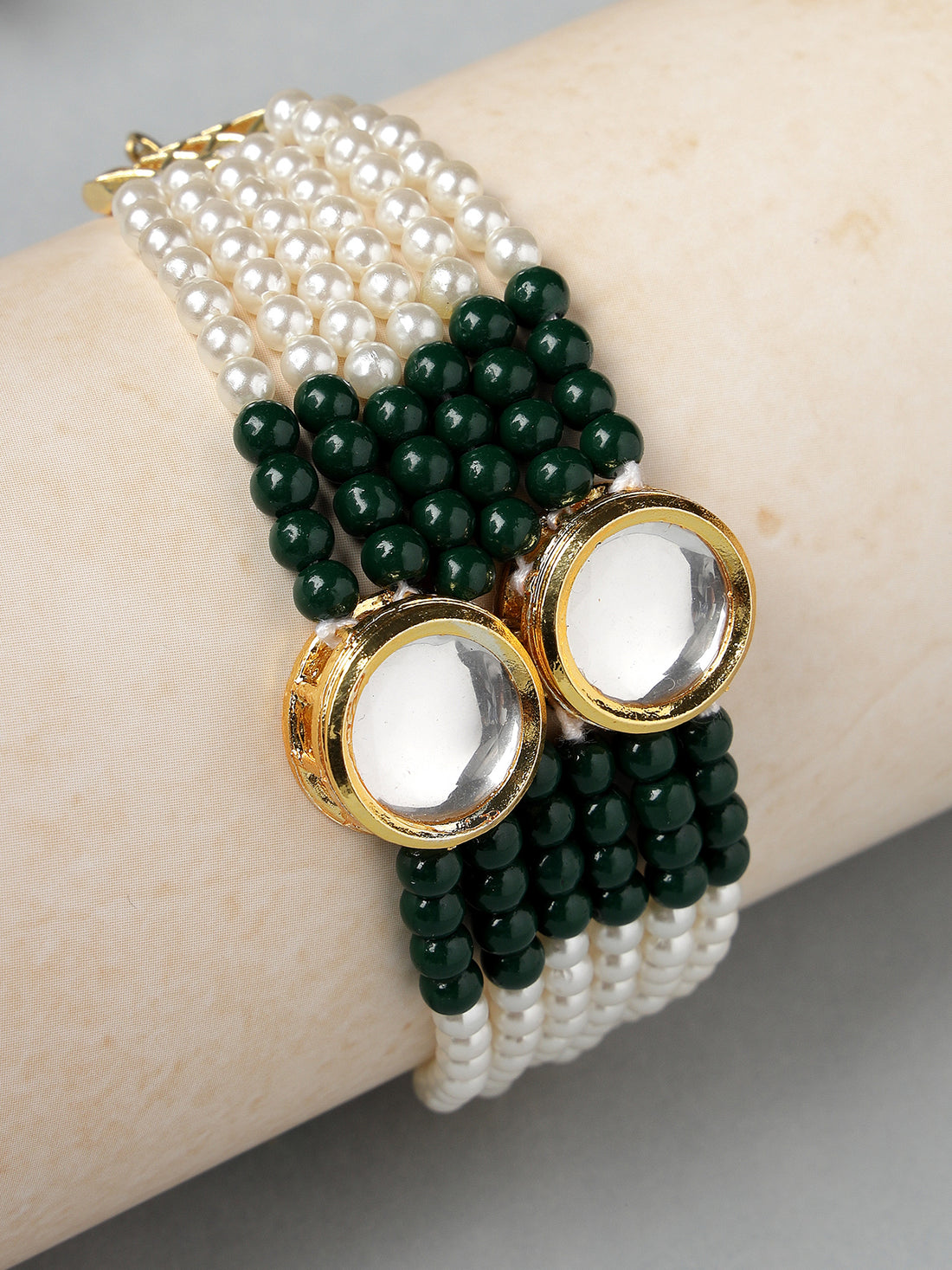 Karatcart Green Beads Golden Round Polki Kundan Studded Bracelet for Women