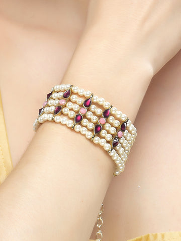 Karatcart Purple and Pink Stone Studded Pearl Beaded Kundan Bracelet for Women