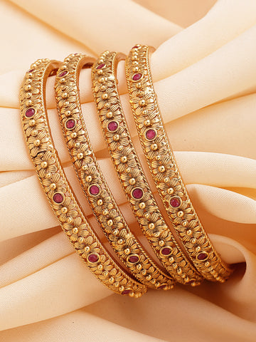 KARATCART Set of 4 Gold-Plated Red Stone Floral Design Bangles for Women