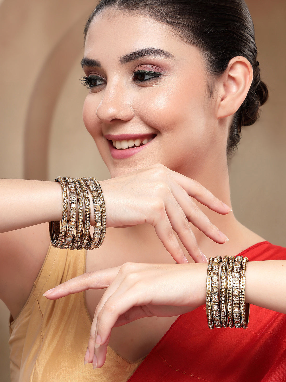 KARATCART Antique Gold-Plated Stone Studded Kundan Style Bridal Bangles for Women