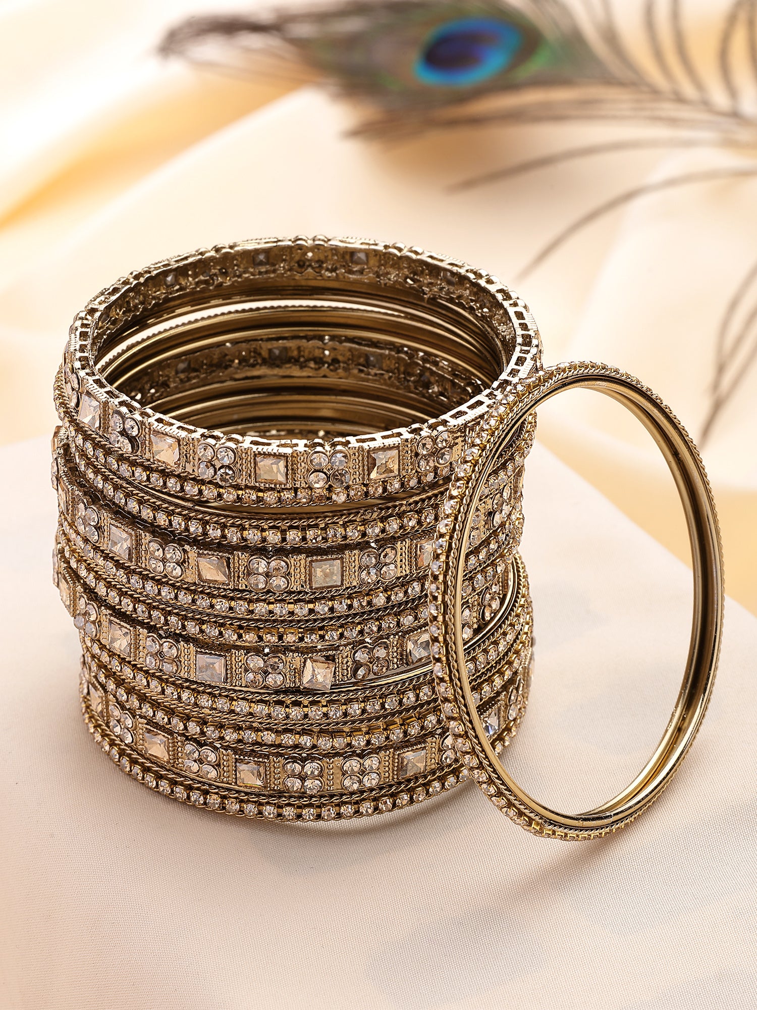 KARATCART Antique Gold-Plated Stone Studded Kundan Style Bridal Bangles for Women