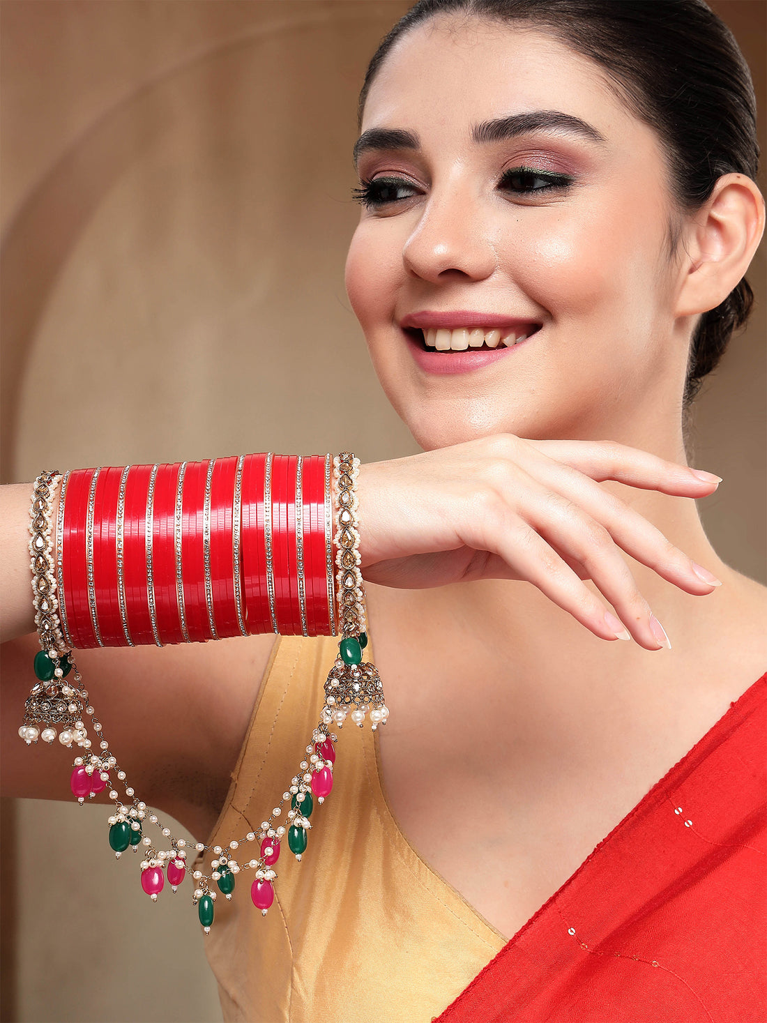 KARATCART Elegant Green & Pink Beaded Gold-Plated Traditional Bridal Chooda Bangles for Women