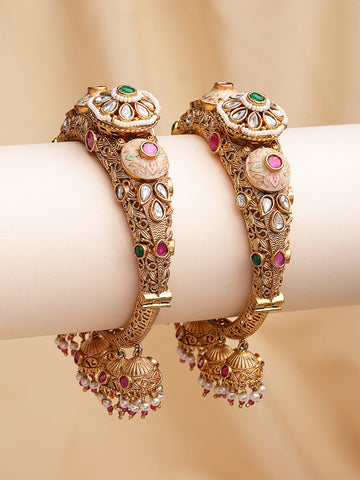 KARATCART Traditional Royal Design Gold-Plated Red Stone Bridal Jhumka Bangles for Women