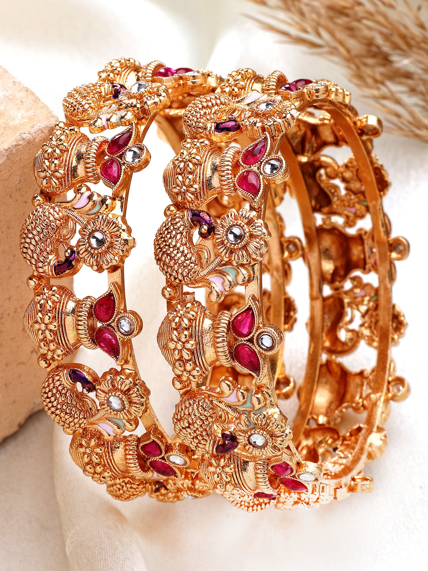 KARATCART Glamorous Purple Meenakari Temple-Inspired Peacock Gold-Plated Bangles for Women