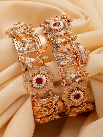 KARATCART Royal Dulhan Doli Design Lime Green and Pink Enamel Gold-Plated Rajwadi Bangles for Women