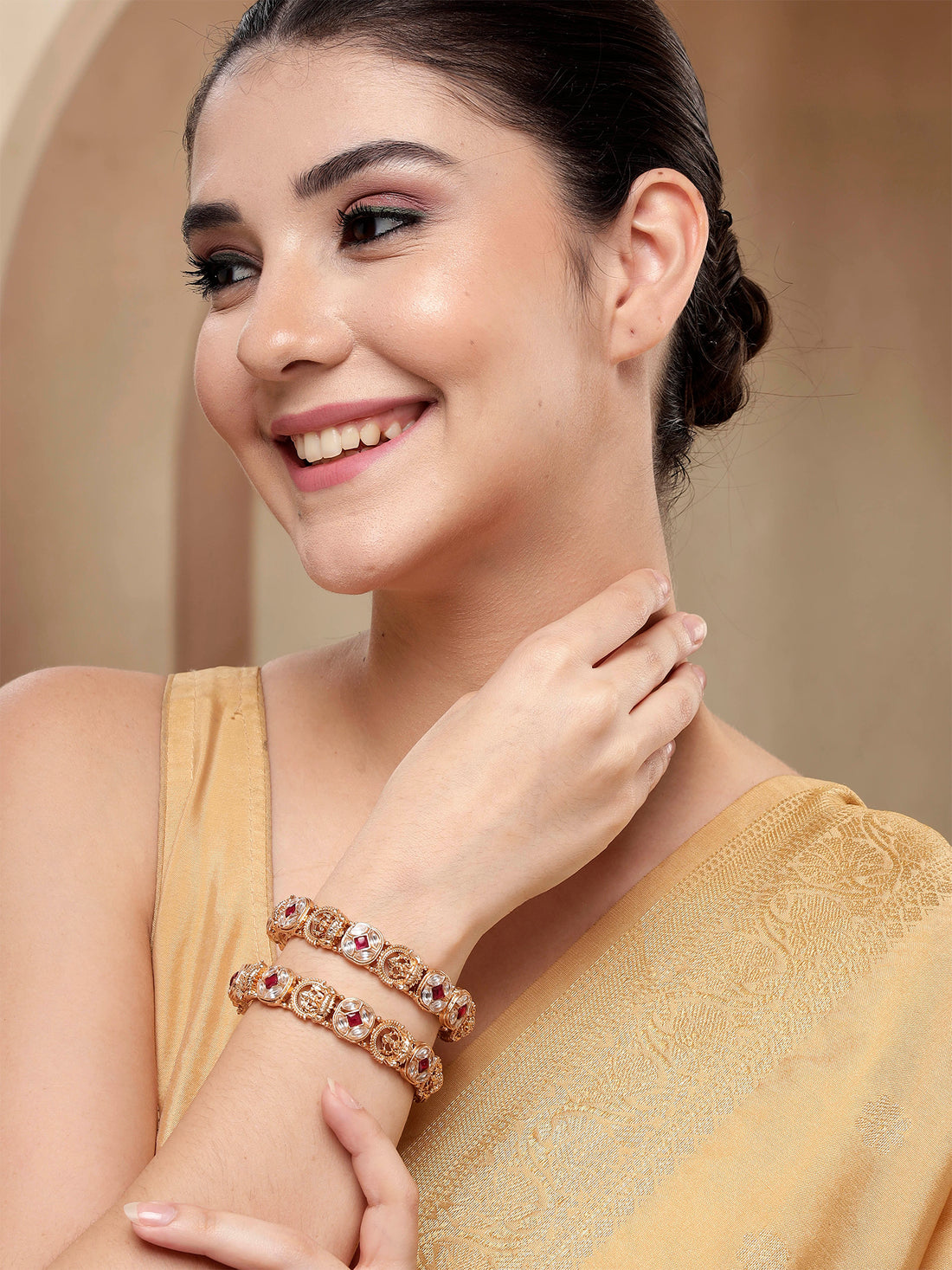 KARATCART Traditional Mata Lakshmi Design Gold-Plated Floral Kundan Temple Bangles for Women